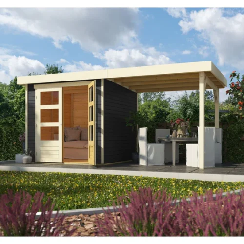 Karibu Gartenhaus Askola 2 terragrau mit Anbaudach 2,40 Meter